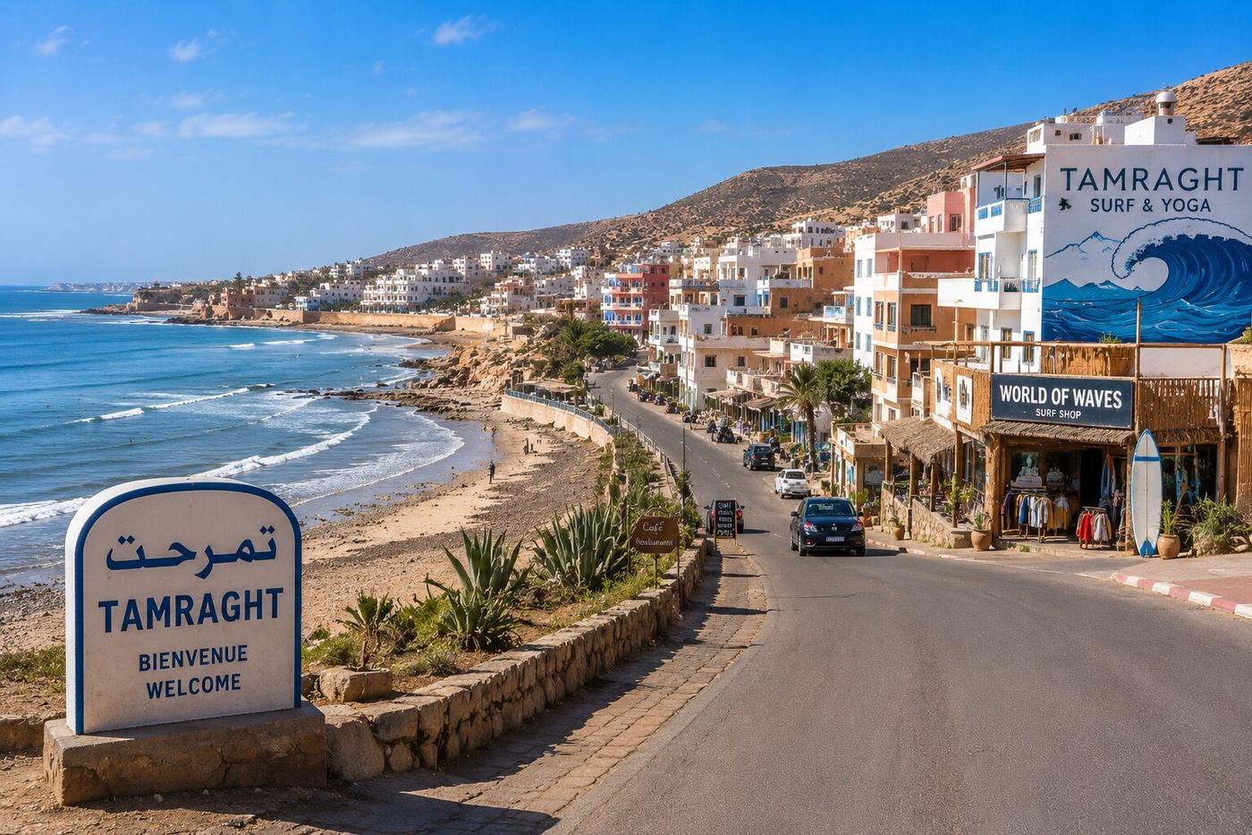 الطريق الساحلي المؤدي إلى تامراغت مع متاجر ركوب الأمواج والمحيط