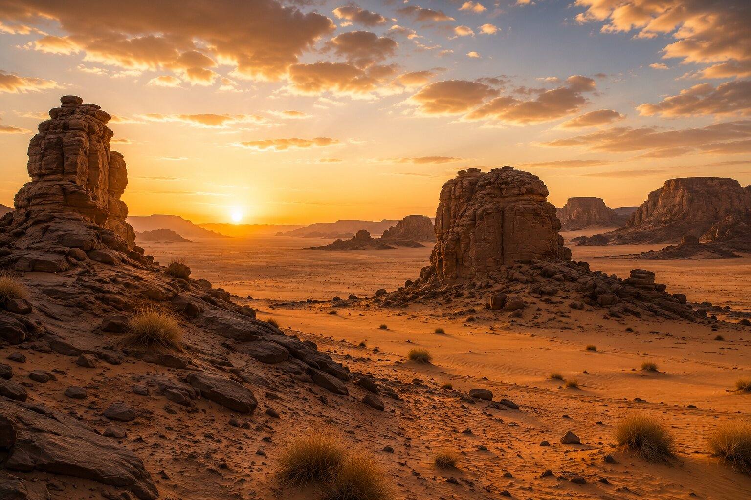 Sunset over the rocky hills of the Agafay Desert