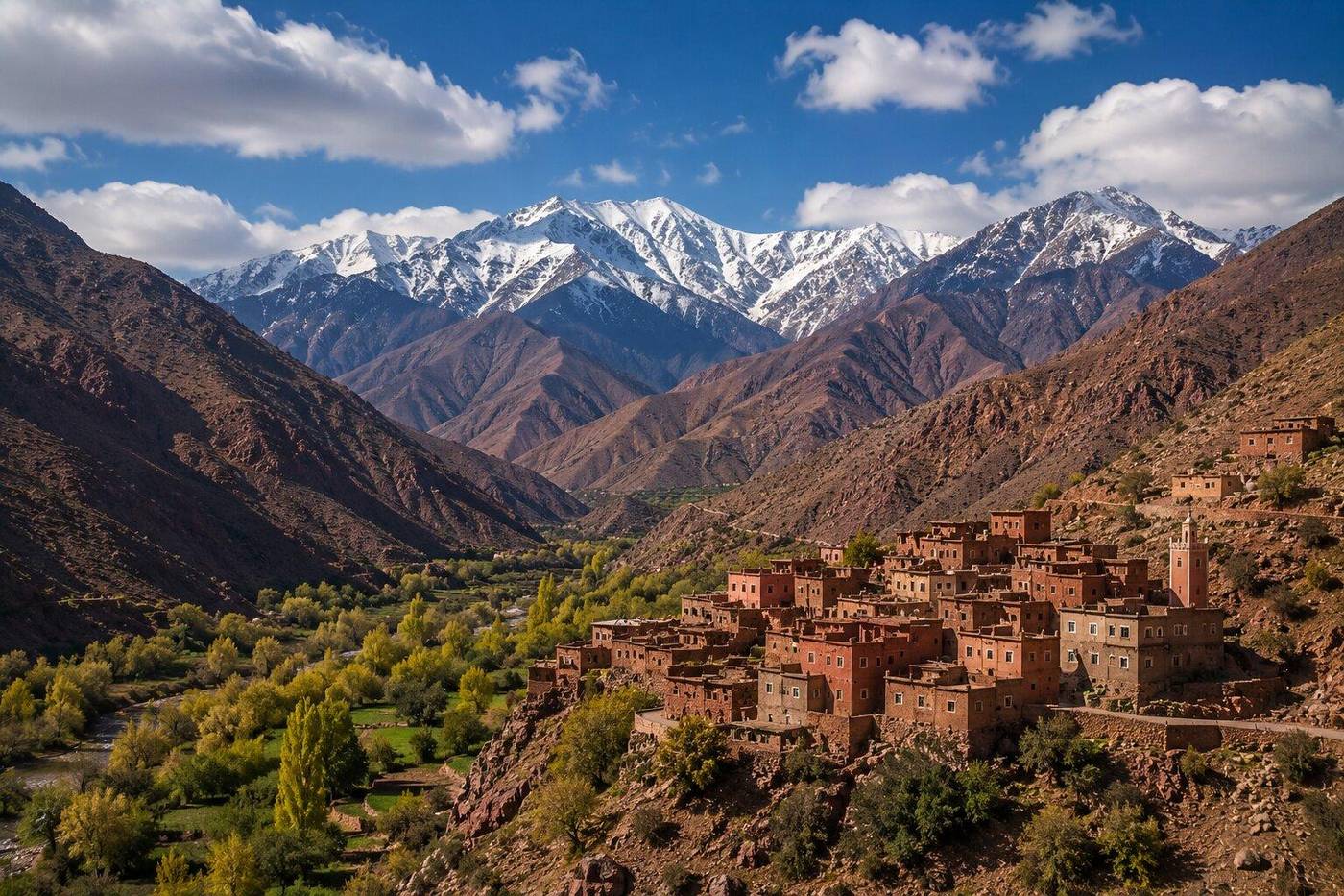 Village berbère sous les sommets enneigés du Haut Atlas