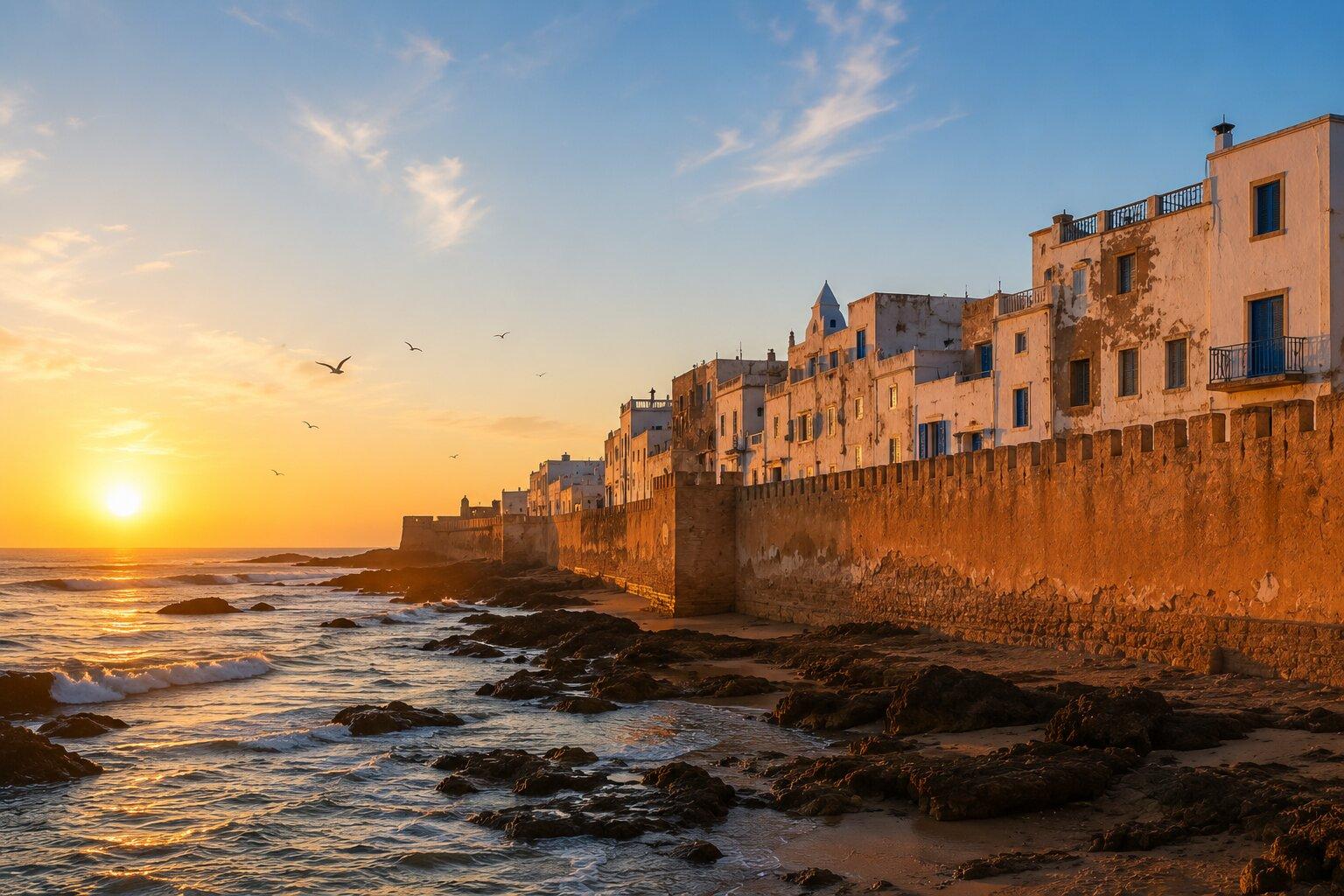 Sunset over the ramparts of Essaouira on the Atlantic coast