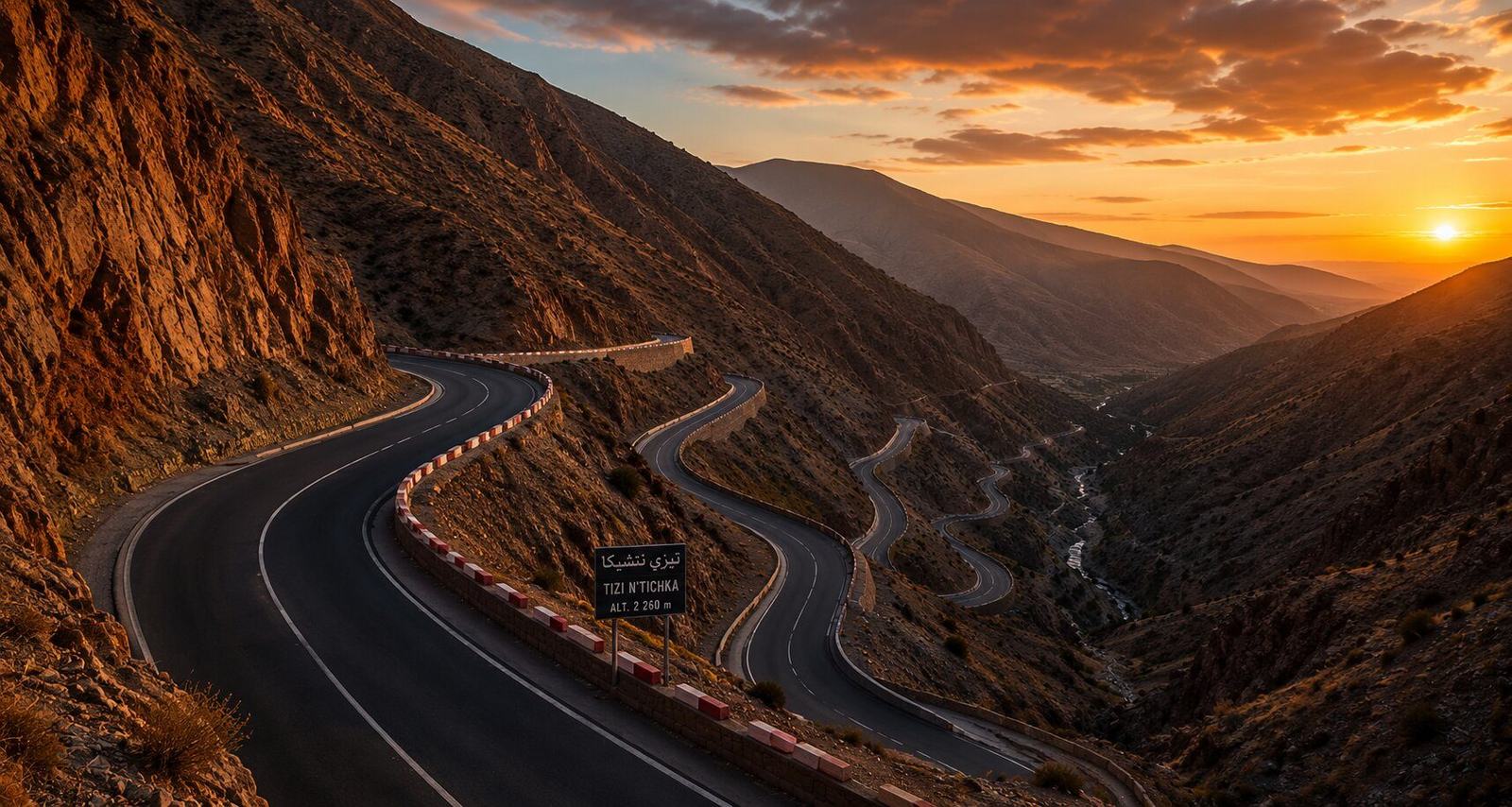 Winding mountain road through the High Atlas at sunset
