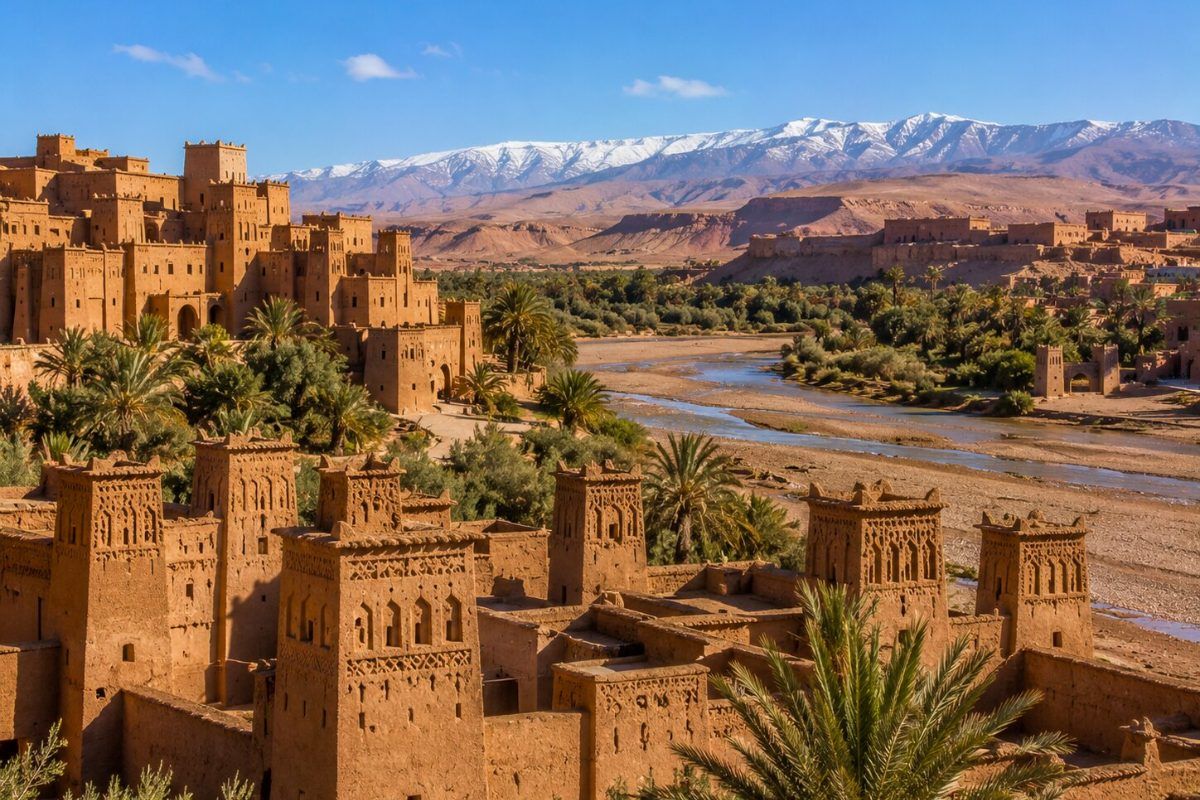 قصبات طينية ونخيل أسفل قمم الأطلس الكبير المكسوة بالثلوج قرب ورزازات