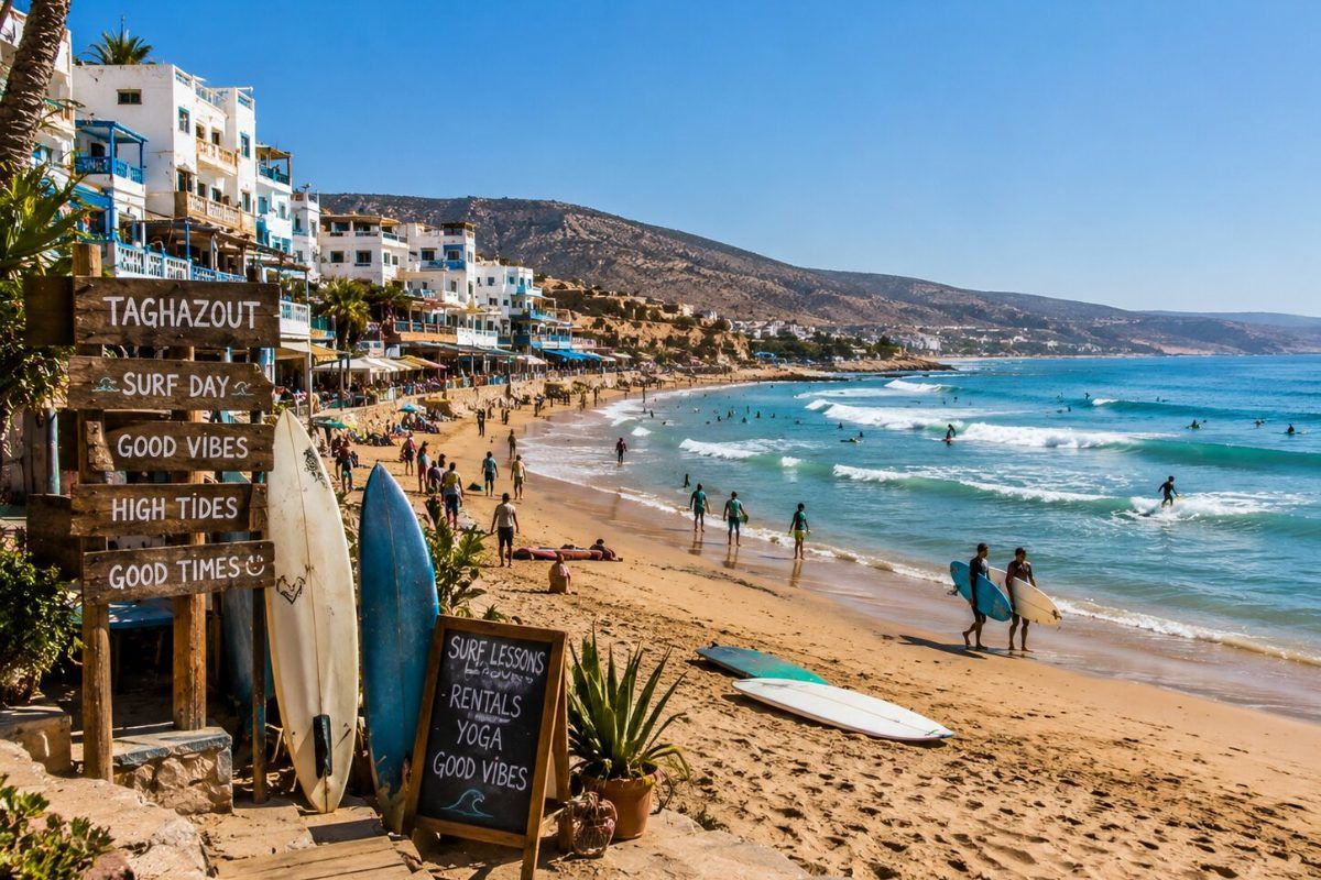 Surfers on the beach in Taghazout near Agadir