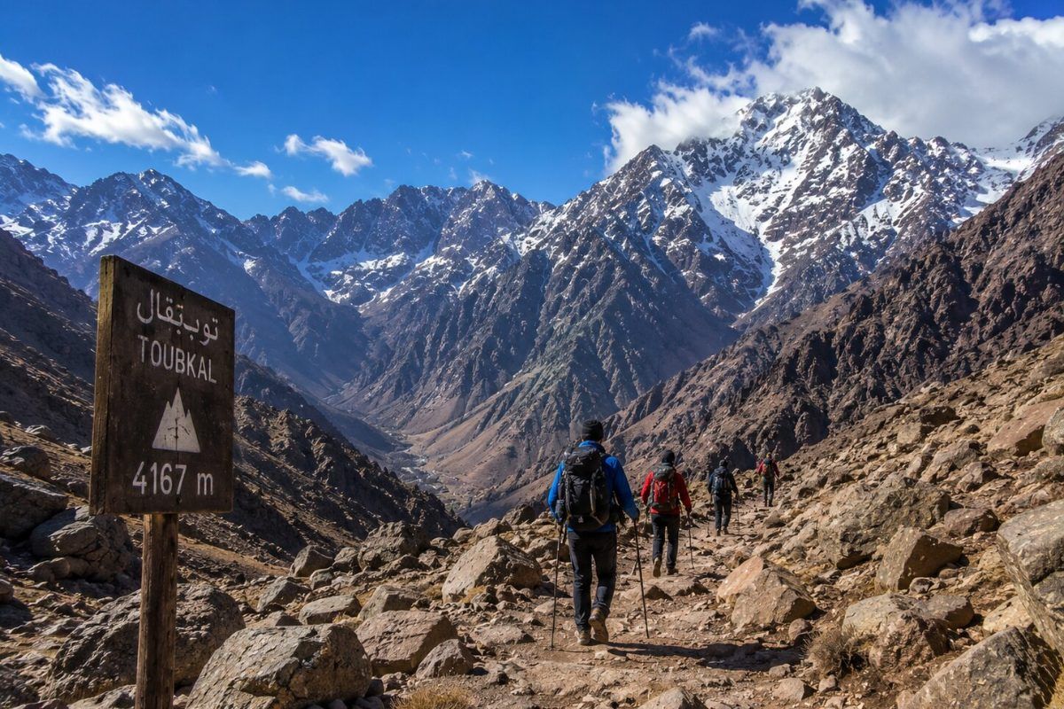 Senderistas en el camino hacia el monte Toubkal desde Imlil